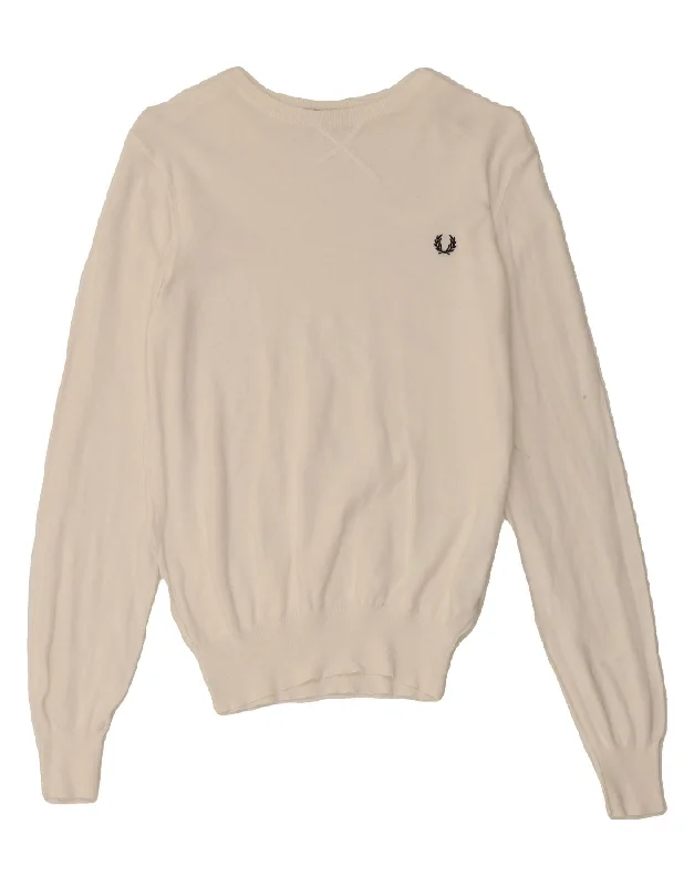 FRED PERRY Womens Boat Neck Jumper Sweater UK 14 Large White Cotton Denim Fabric Leather Fabric Suede Fabric