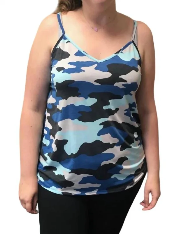 Camo Tank Top In Blue high neck tank