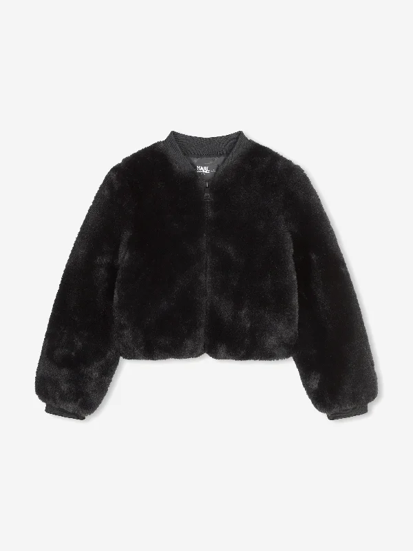 Karl Lagerfeld Girls Faux Fur Jacket in Black A-Line Jacket Boat Neck Shawl Collar