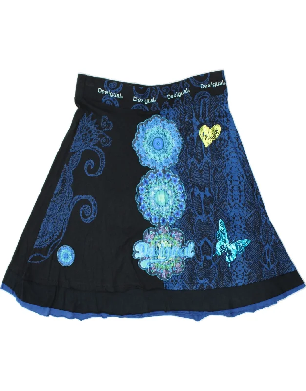 DESIGUAL Womens Graphic A-Line Skirt XL W32  Navy Blue Paisley denim skirt trendy