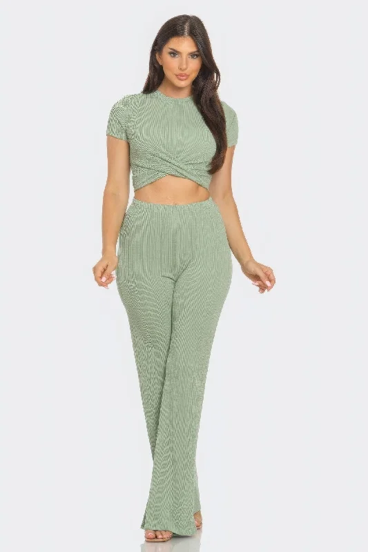 Front Twist Detail Top And Flare Pants Set Soft Stretch Pants