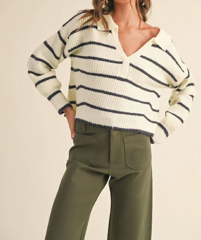 Striped Pattern Collar Sweater In Ivory/navy Cashmere Blend Cotton Blend Poly Blend