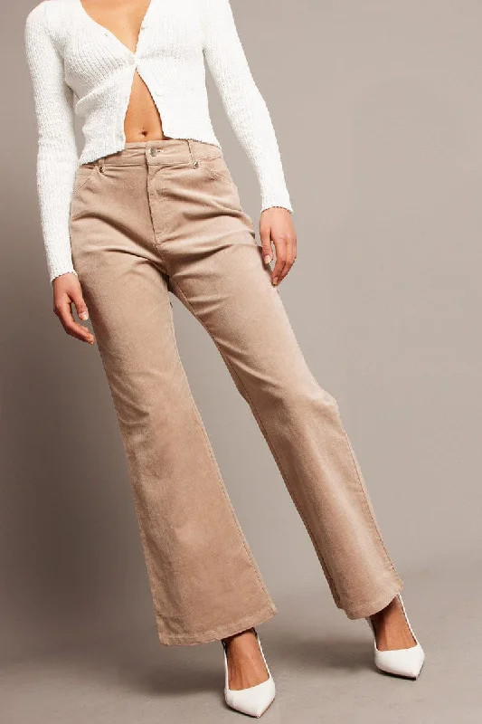 Beige Wide Leg Pants High Rise Corduroy Fashionable Work Pants