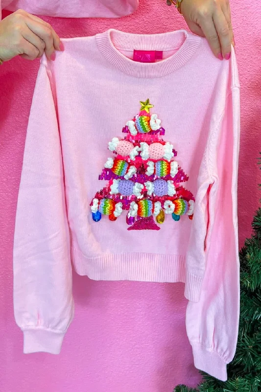 Kids Knit Bon Bon Christmas Tree Sweater - Light Pink Houndstooth Herringbone Solid