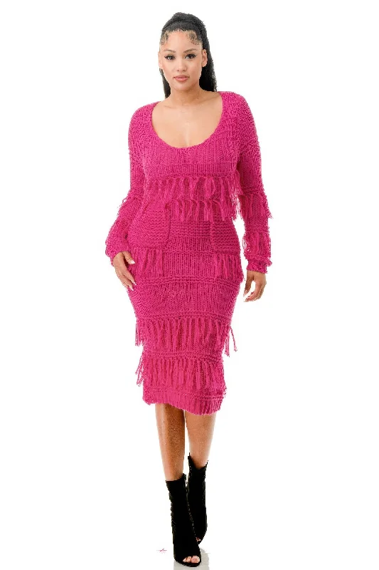 Knit Long Sleeve Fringe Dress Tunics Solid Classic