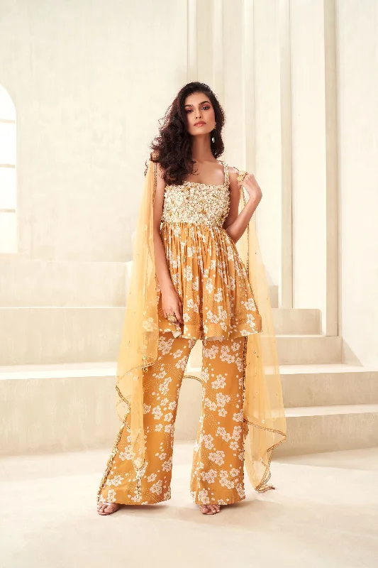 Gold Printed Pant With Yoke Embroidered Peplum Top Trendy Tapered Pants