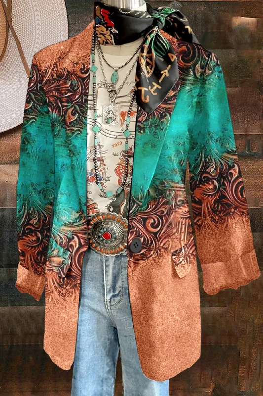 Vintage Western Print Lapel Jacket Jersey Jacket Tulle Jacket Batik Jacket