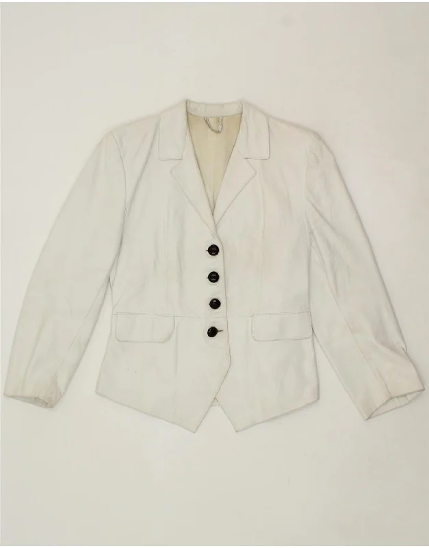 VINTAGE Womens Leather 4 Button Blazer Jacket UK 10 Small White Front Pockets Side Pockets Patch Pockets