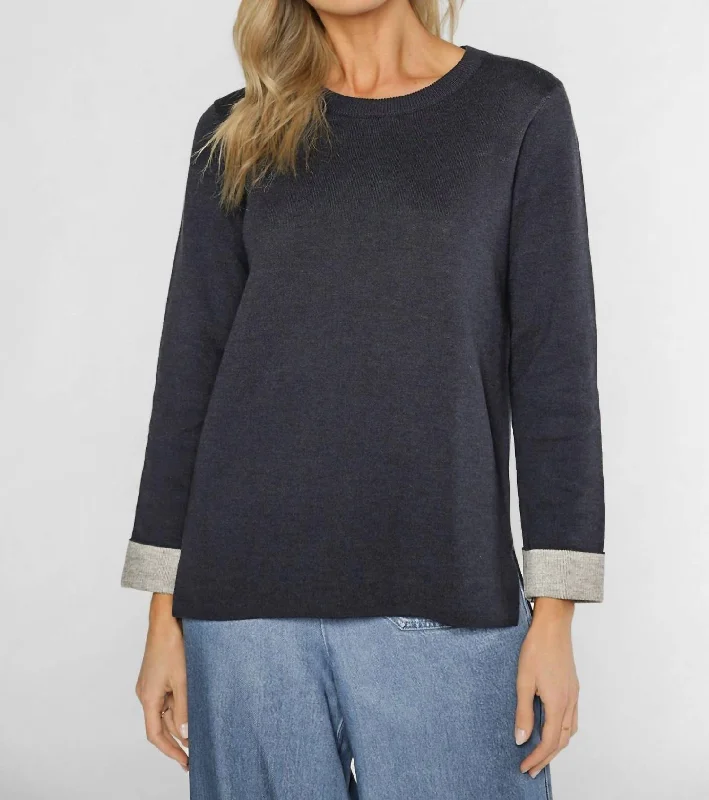 Hudson Double Knit Sweater In Navy Mesh Blend Leather Blend Suede Blend