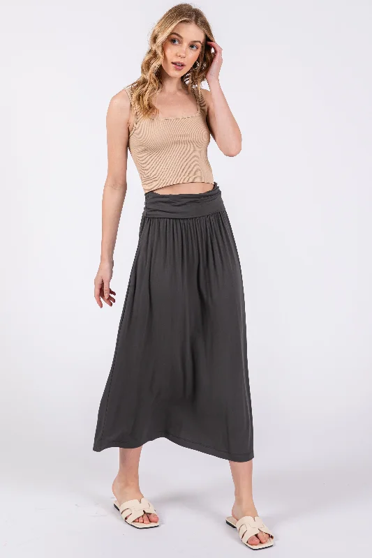 Charcoal Fold-Over Maxi Skirt denim skirt casual