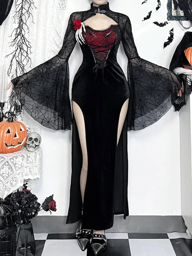 Wjczt  Gothic Dark Halloween Cosplay Dress Women Vintage Streetwear Fairycore Grunge Spiderweb High Waist Bandage Corset Dress Tunics Sophisticated sleek