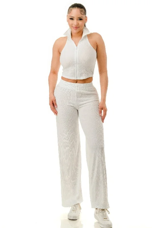 Crinkle Wide Pants Set Zipper Elegant Palazzo Trousers