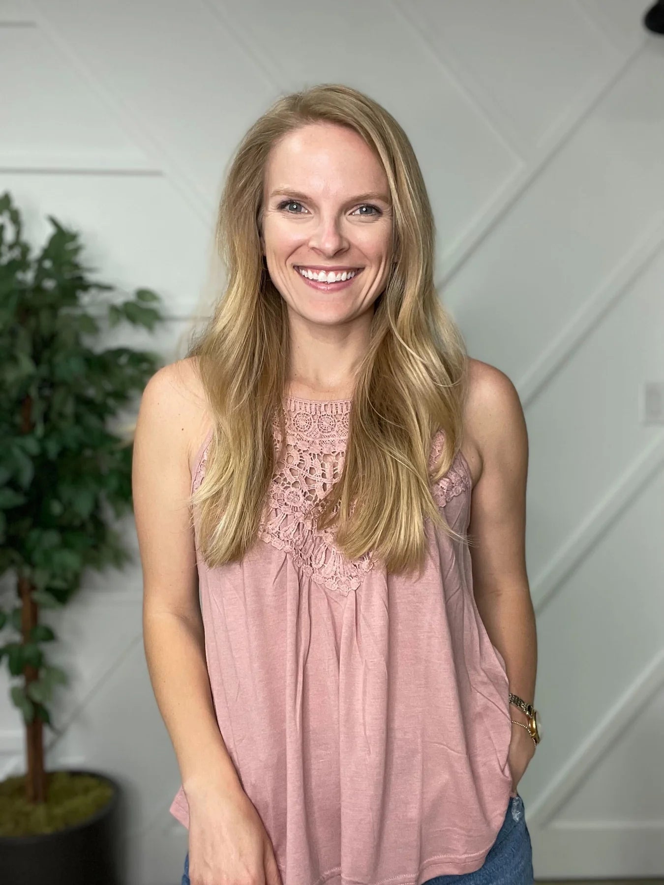 Grace and Emma Undeniable Beauty Pink Crotchet Tank ivory tank top