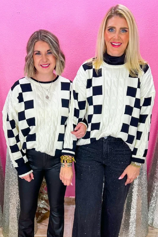 Cheers To Us Sweater - Off White Plaid Sweater Polka Dot Checkered