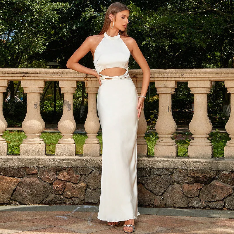 Wjczt birthday outfit Summer New Sexy Fashion Sweet and Spicy Style Dress Halter Hollow White Backless Slimming Dress Tunics Trousers formal