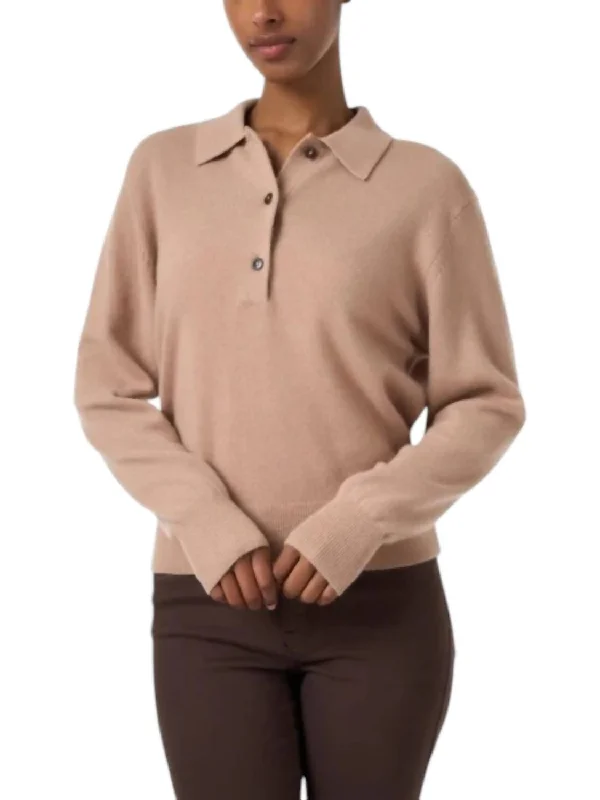 Cashmere Polo Sweater In Camel Bright Pastel Dark