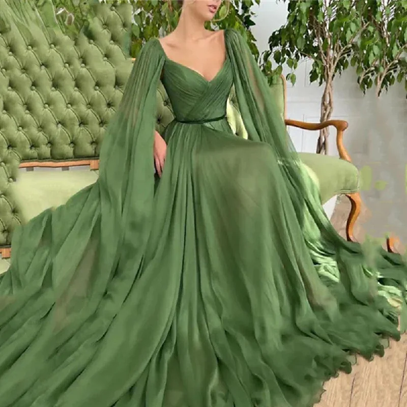 Wjczt one with nature dress to impress Green Fashion New Long Floating Stage Performance Cello Performance Dress Waist Slimming Elegant Evening Dress Tunics Silk luxurious