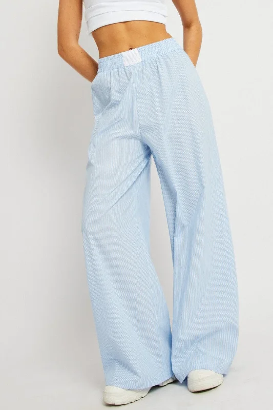 Blue Stripe Wide Leg Pants High Rise Stylish Paperbag Waist Pants