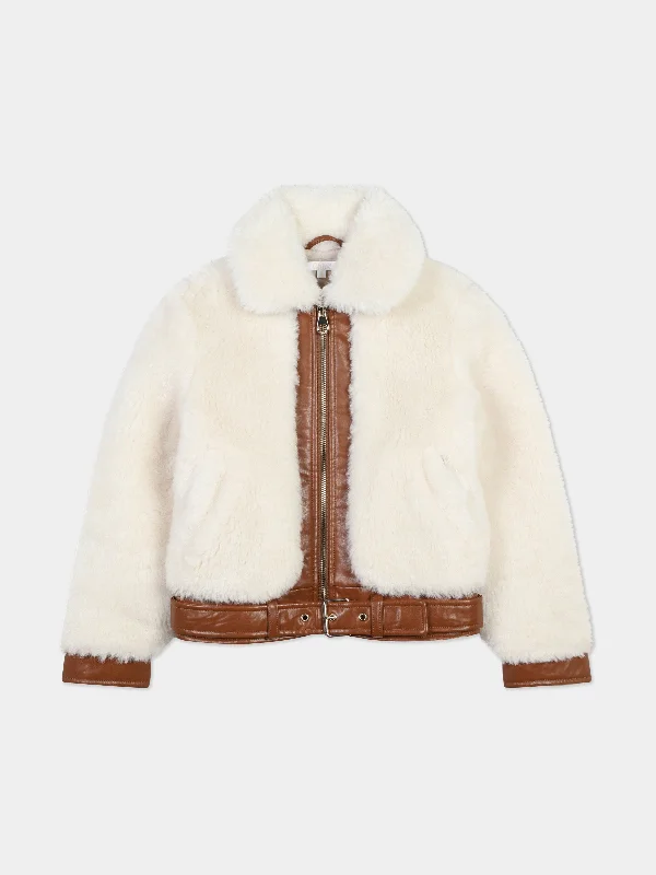 Chloé Girls Faux Shearling Jacket in Ivory Hooded Jacket Caped Jacket Shawl Collar Jacket