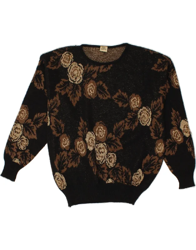 MICHEL BOYARD Womens Crew Neck Jumper Sweater EU 46 XL Black Floral Spandex Rayon Corduroy