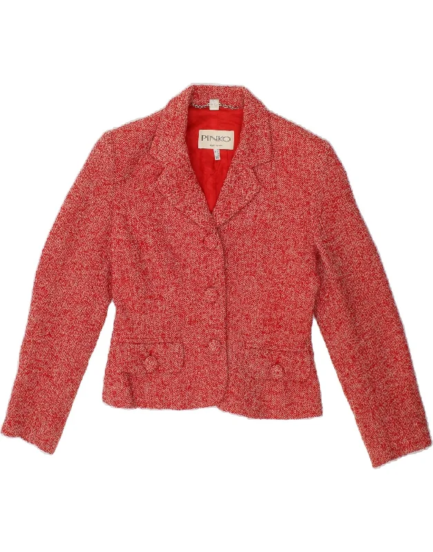 PINKO Womens Crop 3 Button Blazer Jacket UK 8 Small Red Herringbone Wool Zippered Front Buttoned Front Snap Front