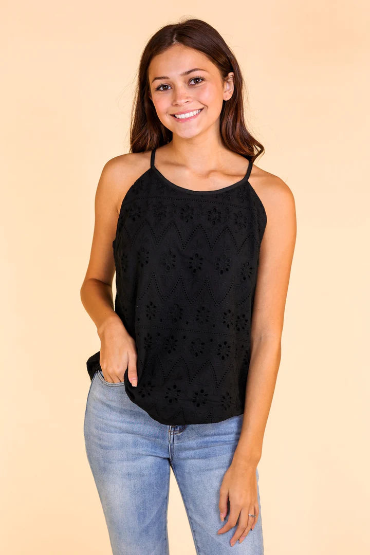 Grace and Emma Black Eyelet Tank teal tank top