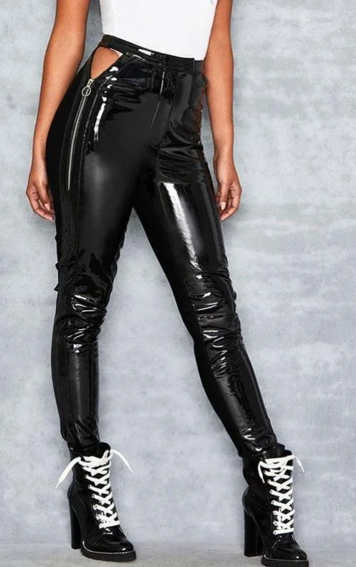 PU Leather Hollow Side Zipper High Waist Pants Comfortable Cargo Pants