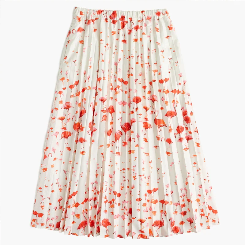 Pleated midi skirt in flamingo print velvet skirt plush