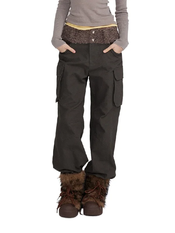 Patchwork Embroidered Pocket Cargo Pants High-Waist Jeans