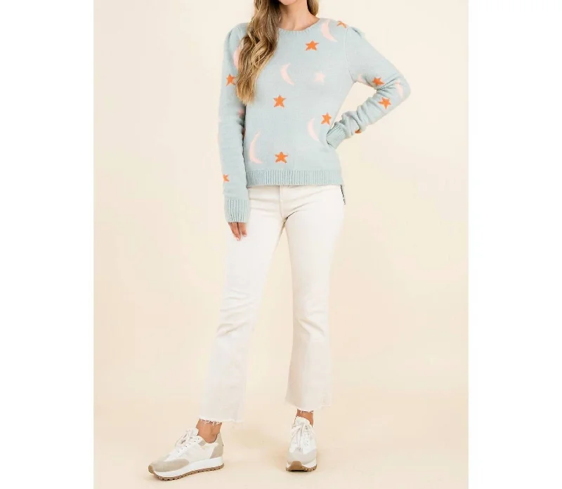 Star And Moon Knit Sweater In Light Blue Glossy Satin Silk