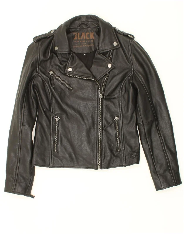 VINTAGE Womens Crop Leather Biker Jacket EU 38 Medium Black Hooded Jacket Caped Jacket Shawl Collar Jacket