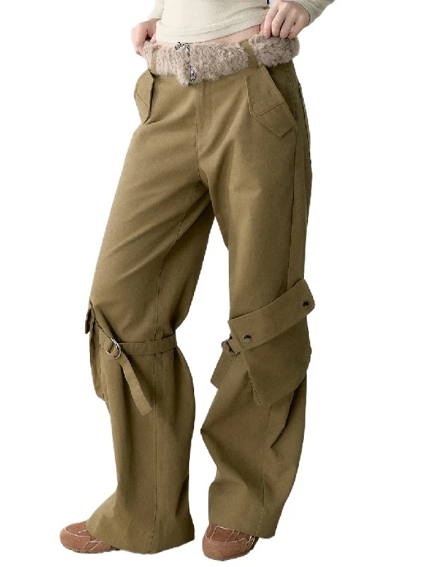 Khaki Loose-fit Cargo Straight-leg Pants Cozy Fitted Pants