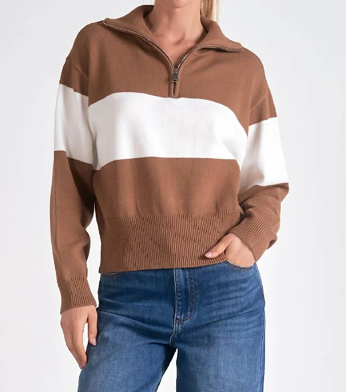 Stripe Crewneck Sweater In Tan White Iron Safe Non-Iron Wrinkle Free