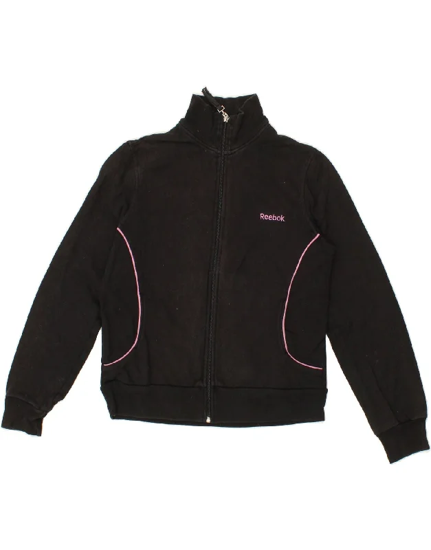 REEBOK Womens Tracksuit Top Jacket UK 14 Medium  Black Cotton Toggled Jacket Drawstring Jacket Belted Jacket