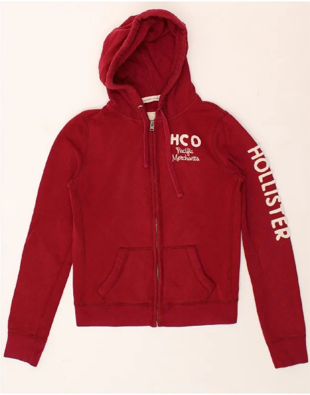 HOLLISTER Womens Graphic Zip Hoodie Sweater UK 14 Medium Burgundy Cotton Neon Metallic Matte