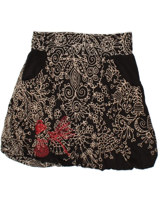 DESIGUAL Womens Bubble Skirt UK 16 Large W32 Black Floral belted skirt waist