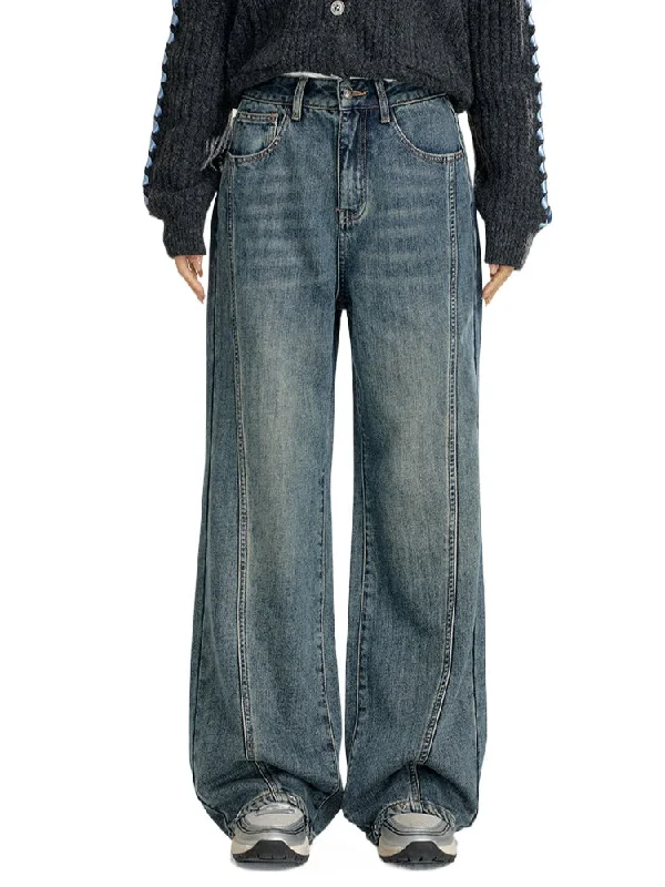 Heart-Patterned Fleece-Lined Wide-Leg Denim Pants Cozy Maternity Pants