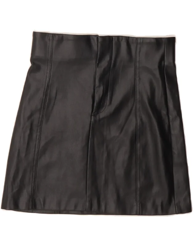 ZARA Womens Faux Leather Skirt Small W26  Black Polyurethane denim skirt classic