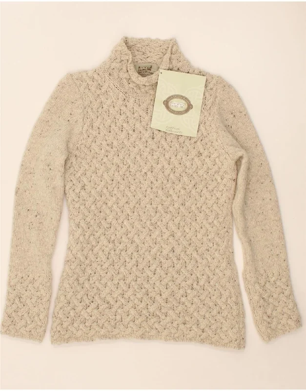 ARAN ISLANDS Womens Turtle Neck Jumper Sweater UK 10 Small Beige Wool Boxy Sweater Fitted Sweater A-Line