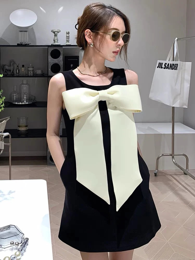 Wjczt French Temperament Fashion Small Fragrant Sleeveless Big Bow Dress Summer Women's Clothing Mini Luxury Evening Dresses Formal Tunics Trendy modern