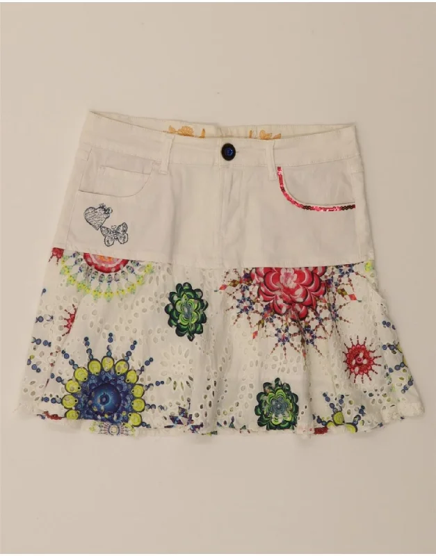 DESIGUAL Womens A-Line Skirt EU 38 Medium W32 White Floral Cotton wool skirt sturdy