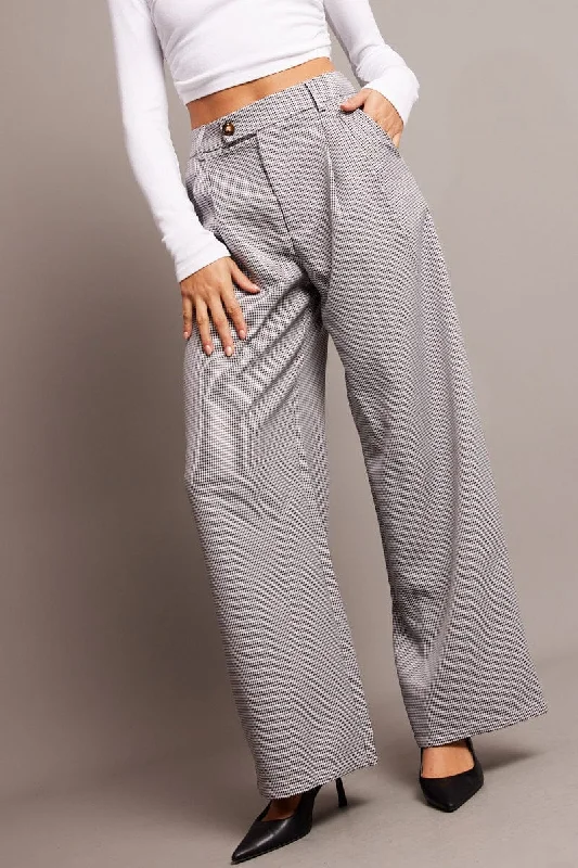 Black Check Wide Leg Pants High Rise Slim-Fit Khaki Pants