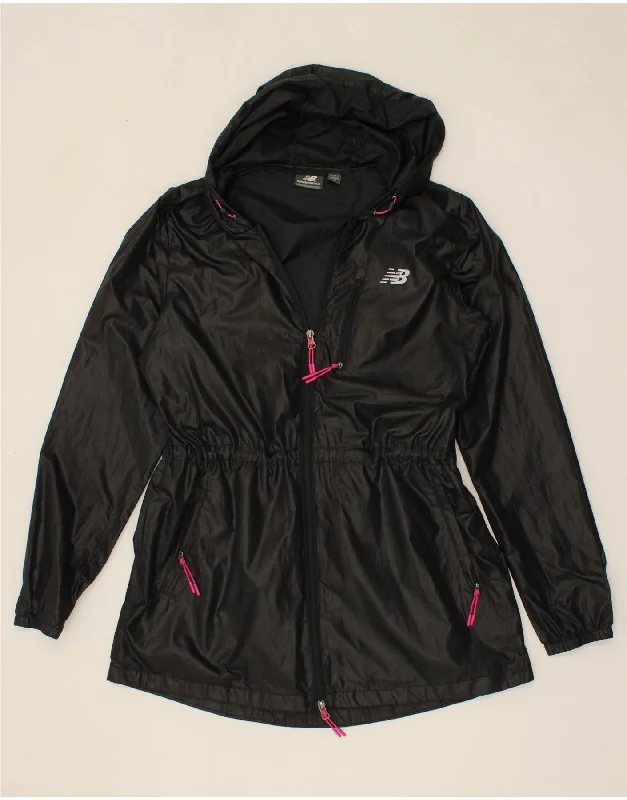 NEW BALANCE Womens Hooded Rain Jacket UK 16 Medium Black Polyester Satin Jacket Silk Jacket Chiffon Jacket