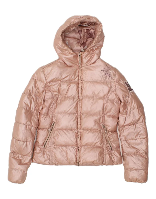 KEJO Womens Hooded Padded Jacket IT 46 Large Pink Polyamide Lace Jacket Ribbed Jacket Sequined Jacket