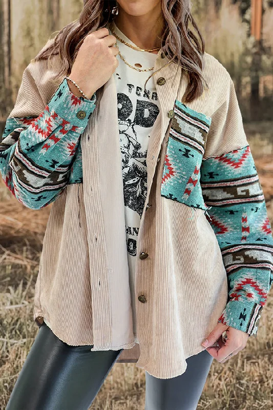 Aztec Printed Patchwork Pocket Corduroy Jacket Bomber Jacket Anorak Windbreaker