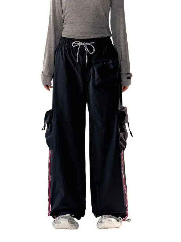 Striped Tape Drawstring Loose Wide-Leg Pants Comfortable Denim Leggings