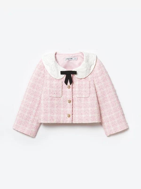 Self Portrait Girls Check Boucle Jacket in Pink Jacket Blazer Coat