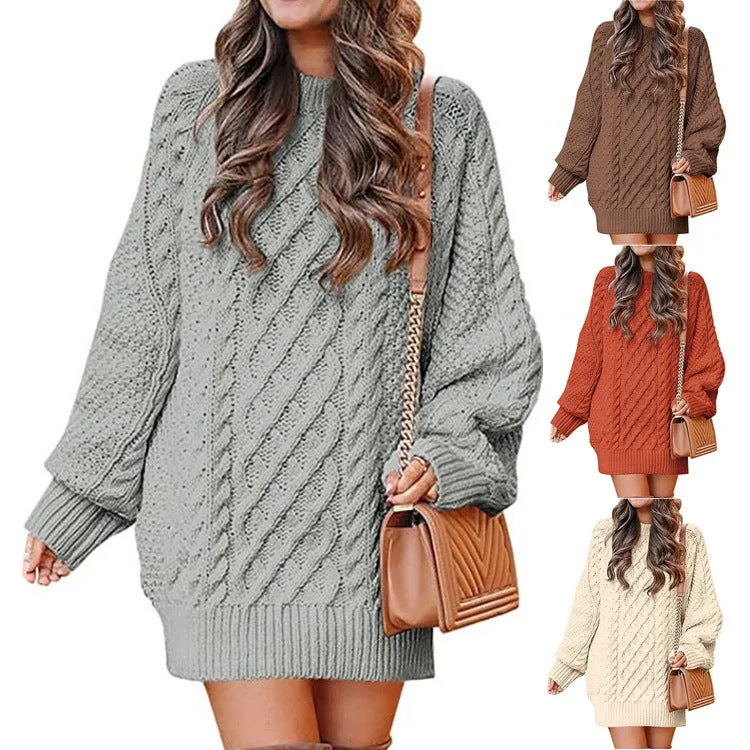 Women's Round Neck Long Sleeve Twisted Knitted Mid-length Dress Sweater Oversized Loose Flowy