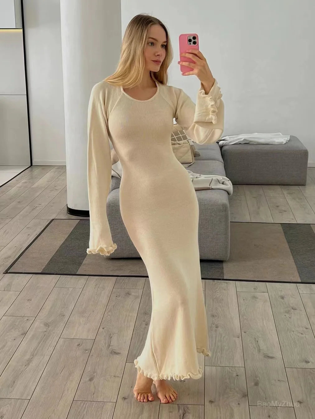 Wjczt 2024 Sexy Solid Women Ribbed Knit Ruffle Trim Long Dress Long Sleeve Bodycon Party Cocktail Dress Flare Summer Beach Cover Up Casual Short Summer