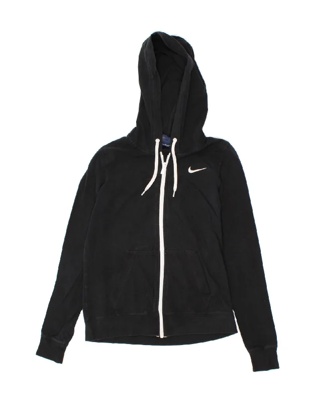 NIKE Womens Zip Hoodie Sweater UK 12 Medium Black Cotton Layered Multi-layer Single Layer